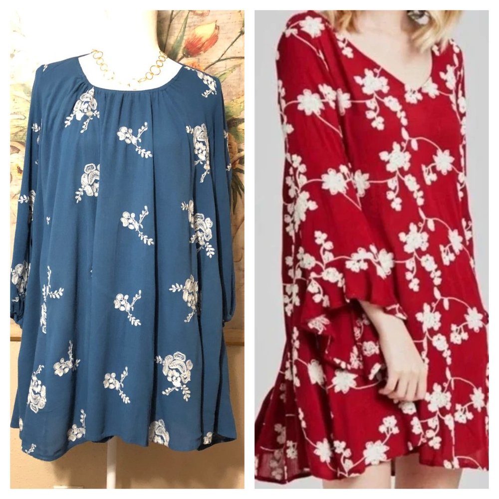Sz M Altar'd State Blue Lexia Floral Embroidered Flowy Tunic Dress